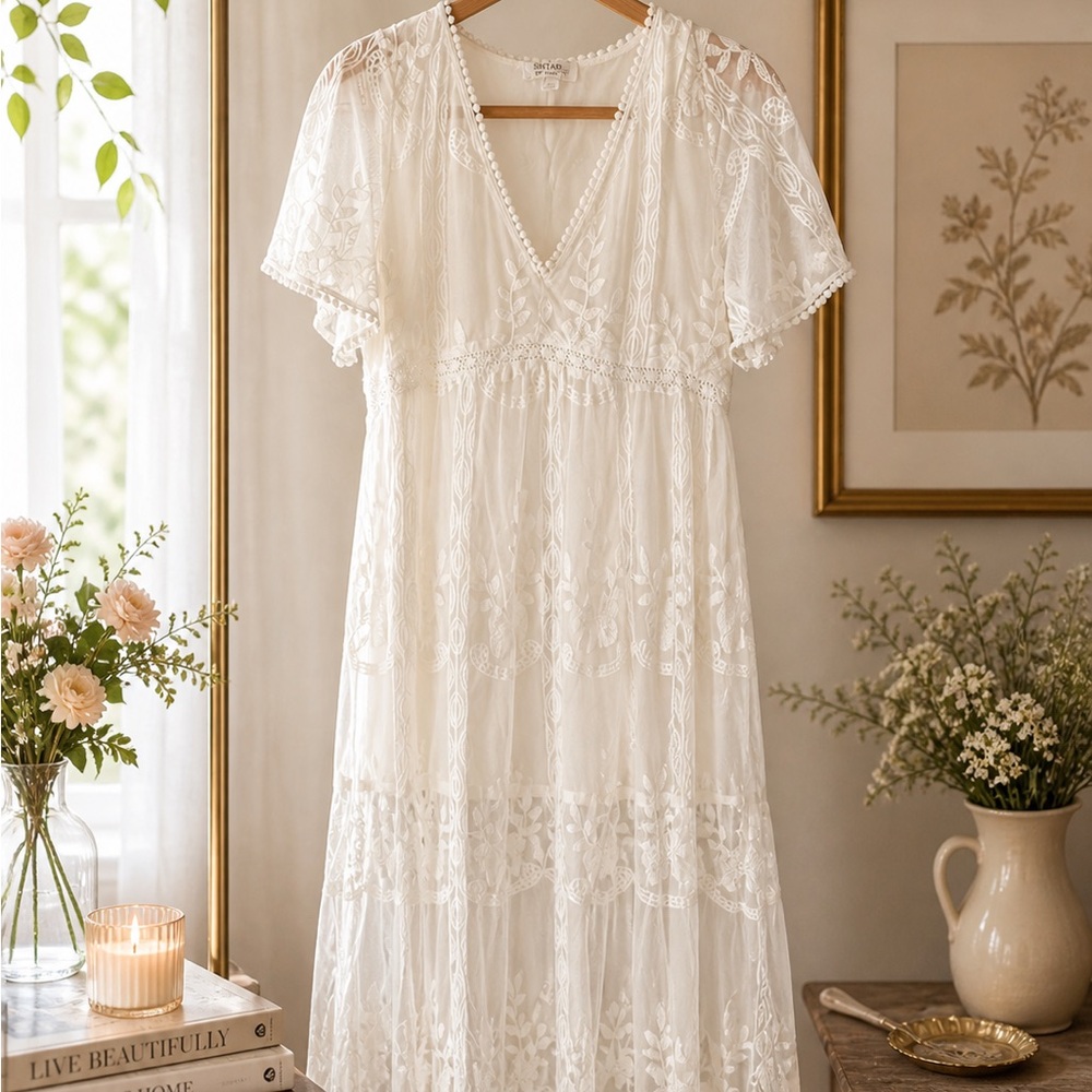 Shyanne Ivory Lace V-Neck Boho Maxi Dress